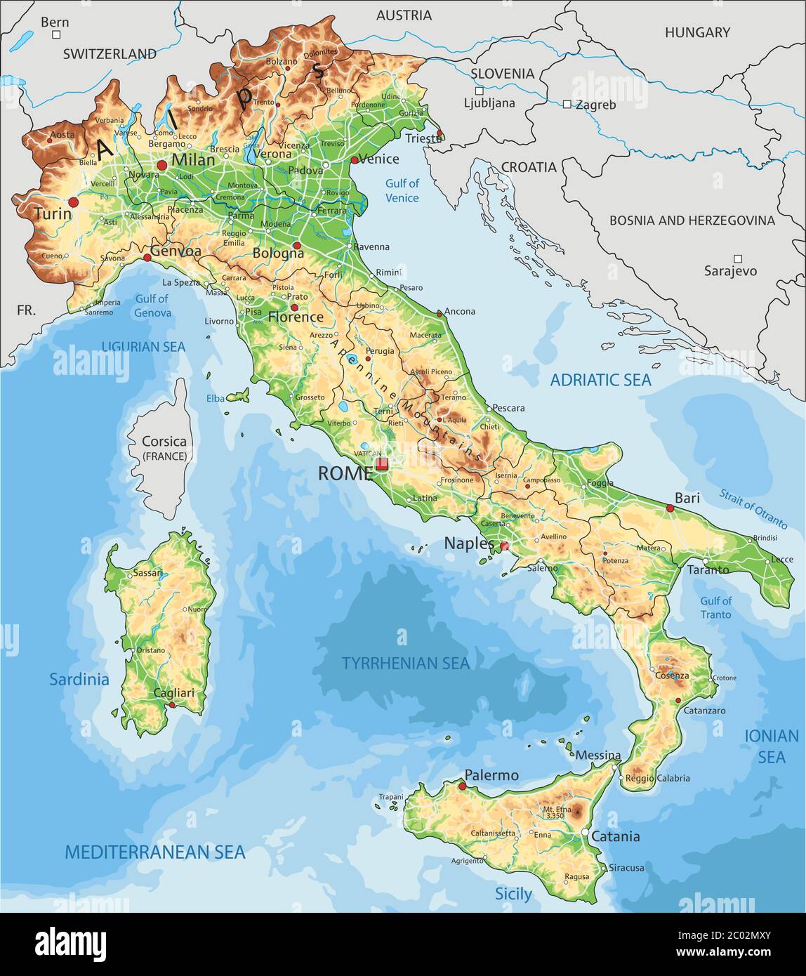 Detaillierte Italien Physische Karte Mit Beschriftung Stock Vektorgrafik Alamy