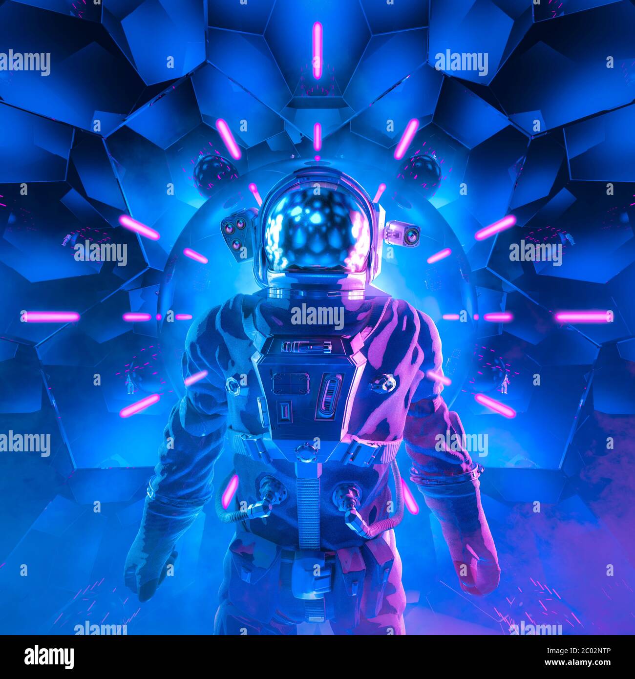 Reise in die Unendlichkeit / 3D-Illustration der Science-Fiction-Szene mit geheimnisvollen Astronautenfigur im Raumanzug umgeben von leuchtenden Neonlichtern Stockfoto