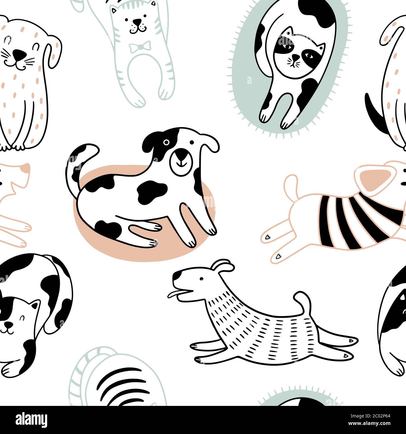 Niedliche Katzen und lustige Hunde skandinavischen nahtlose Muster. Kindlicher Hintergrund mit Haustieren. Kann für Tapeten, Verpackungen, Textilien verwendet werden. Stock Vektor