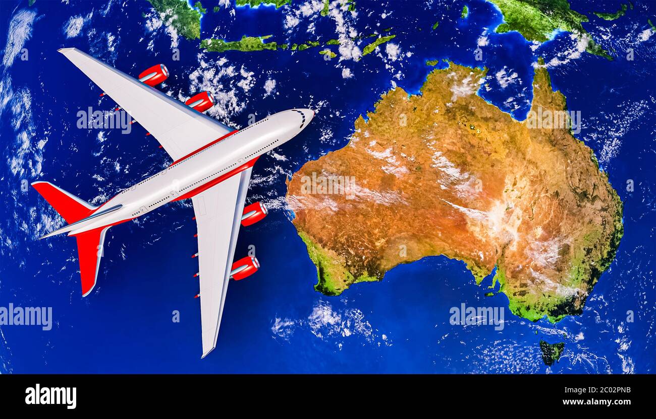 Australia Island mit Flugzeug oder Flugzeug von oben. 3D-Rendering-Illustration. Flug nach Australien, Reise- und Transportbranche Konzept. Karte t Stockfoto