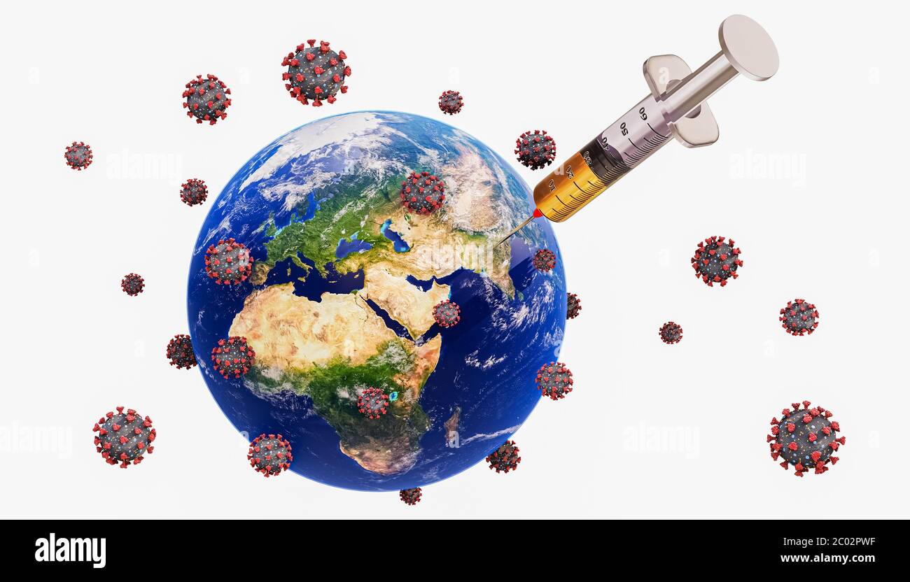 Welt mit Spritzeninjektion und covid Viruszellen isoliert auf weißen 3D-Rendering-Illustration. Globale Impfung oder Impfstoff gegen Coronavirus dise Stockfoto