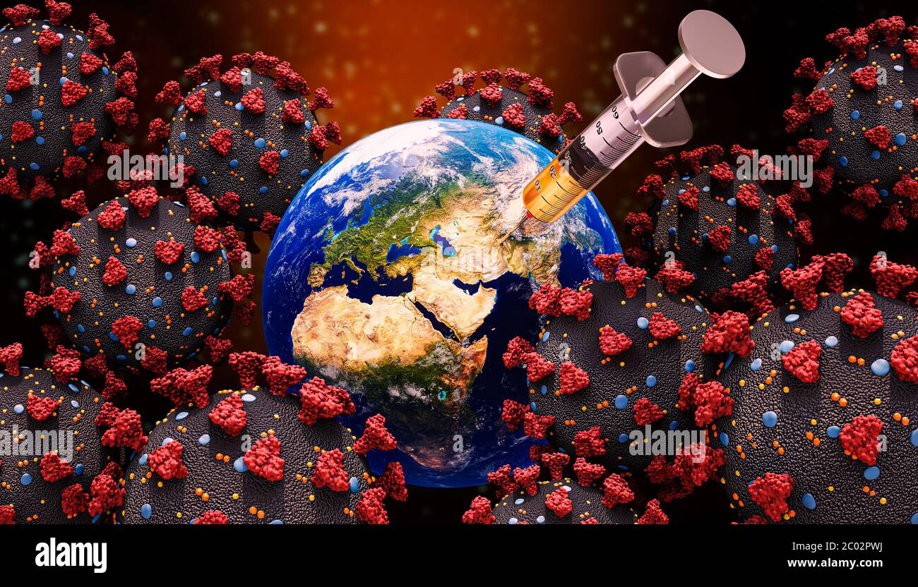 Erdplanet mit Cornavirus-Zellen und Spritze mit Medikament 3D-Rendering-Illustration. Heilung, Impfung oder Impfstoff gegen covid 19 Virus glo Stockfoto