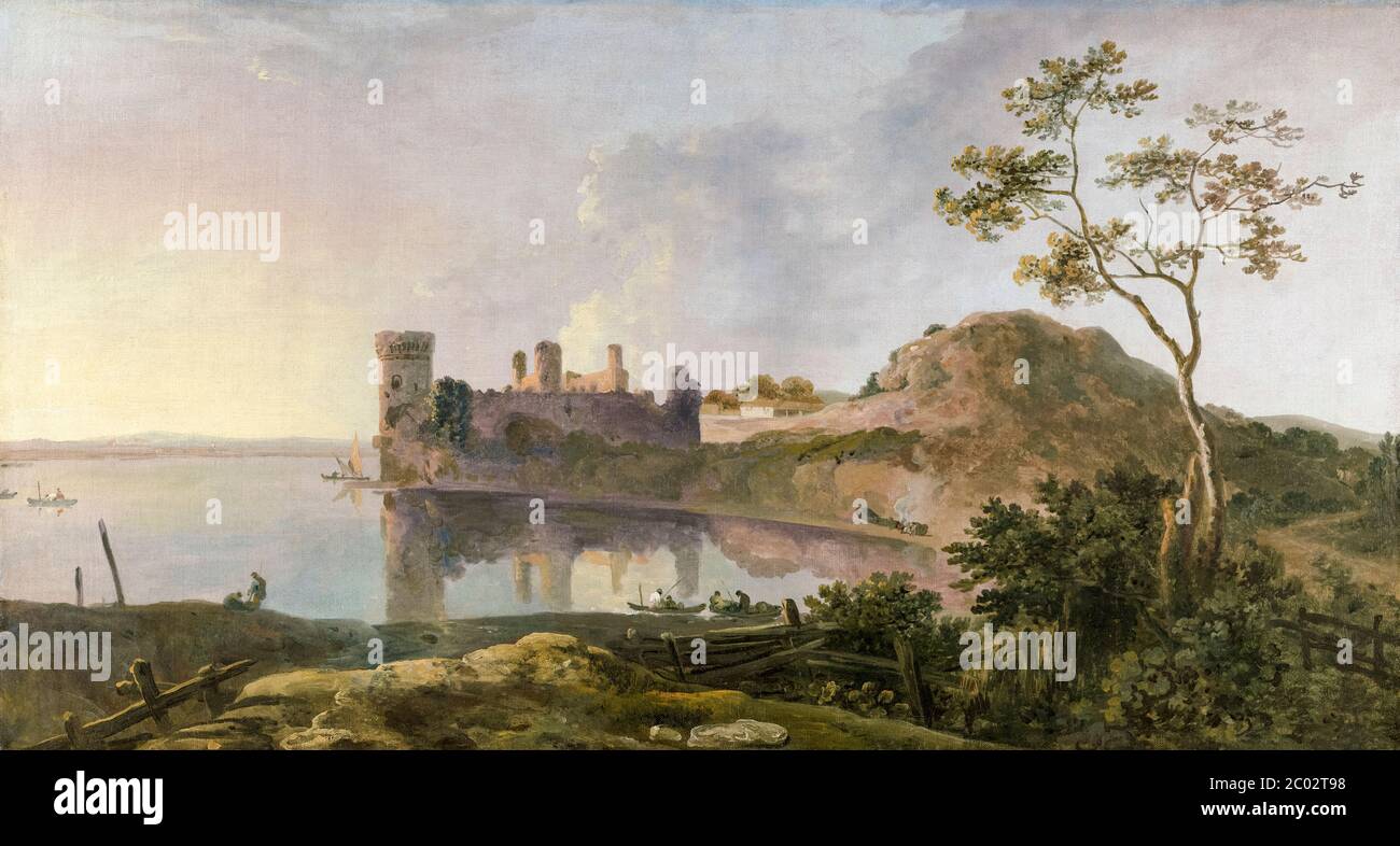 Ein Sommerabend mit einer imaginären Ansicht von Caernarvon Castle, Landschaftsmalerei von Richard Wilson, 1764-1765 Stockfoto