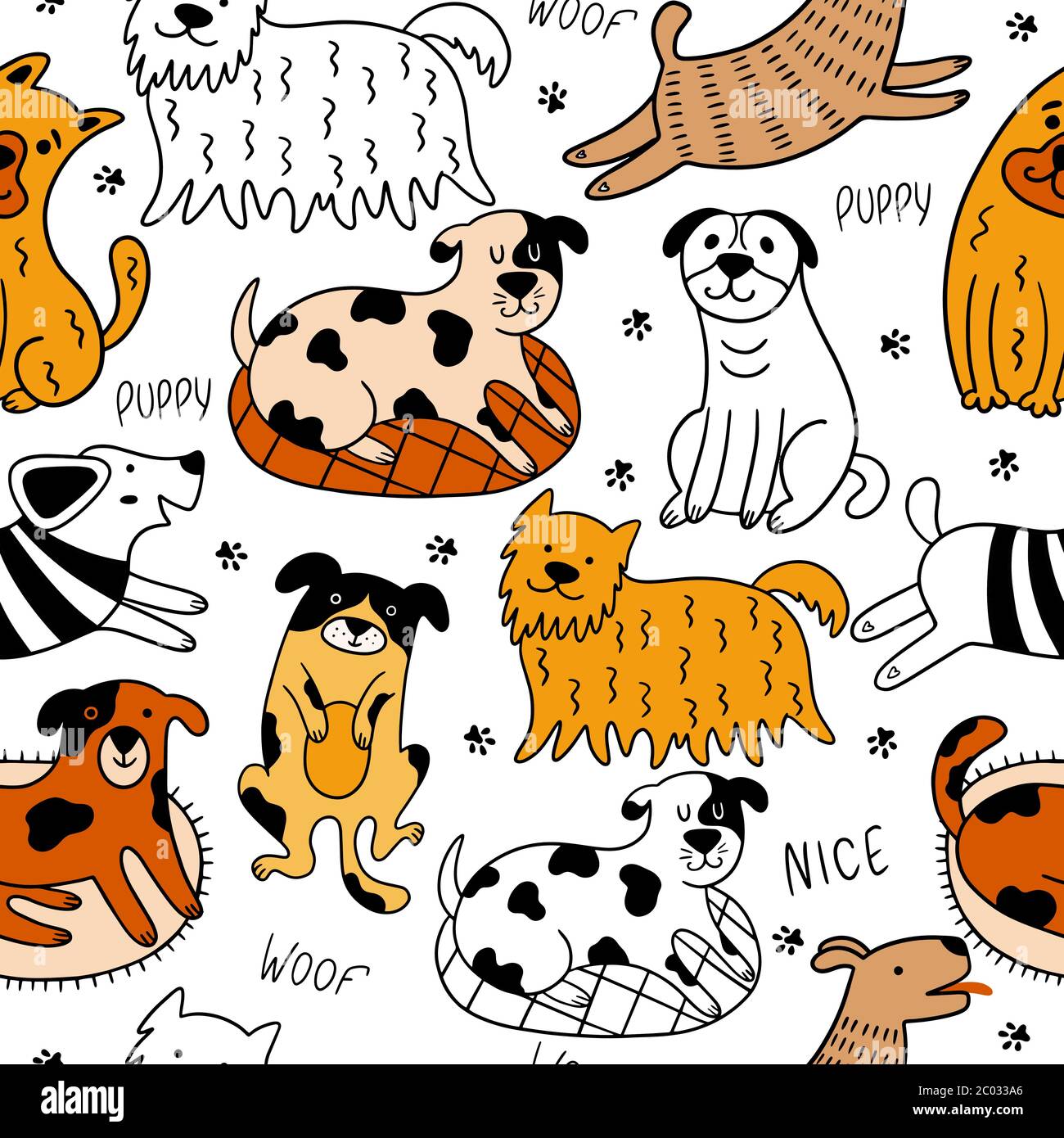 Lustige Doodle Hunde nahtlose Muster. Skandinavische Illustration mit Hunden, Pfoten, Punkten, Phrasen auf weißem Hintergrund. Perfekt für Tapete, Verpackung, t Stock Vektor