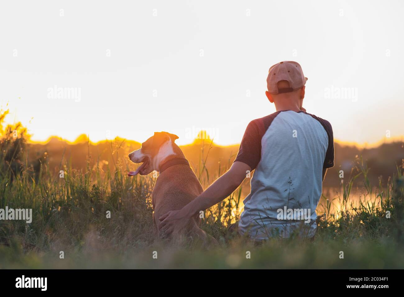 Der Mann umarmt seinen Hund im Sonnenuntergang am See. Haustiere und menschliche Freundschaft, kümmern, verbringen Zeit zusammen. Stockfoto