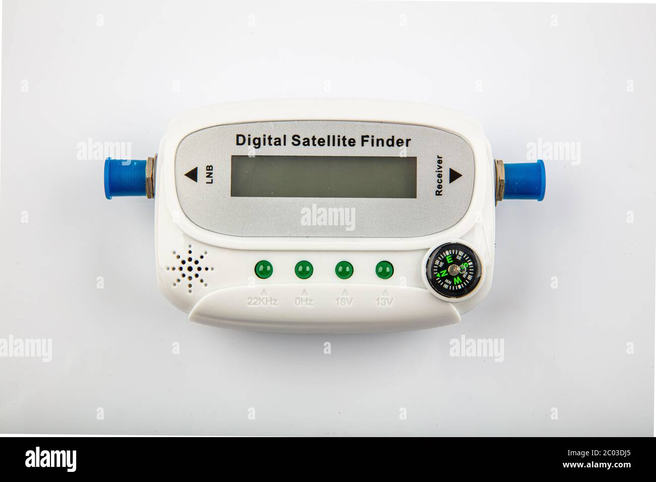 Digitaler Satellitenfinder. Satellitensignalfinder auf weißem Hintergrund isoliert. Stockfoto