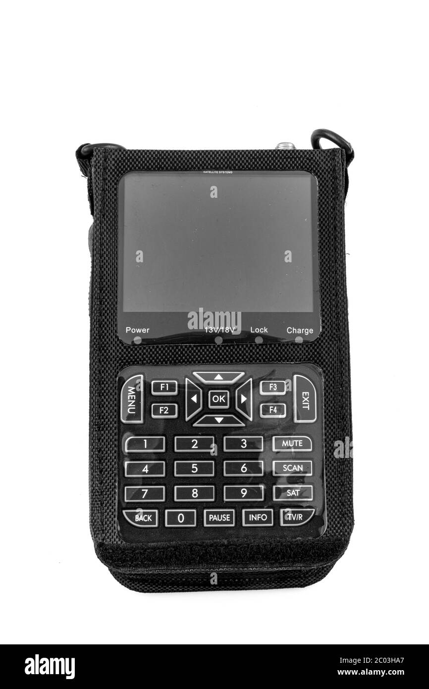 Satellitensysteme, Satellitenfinder. Überprüfen der Signalstärke. Gerät, das die Signalstärke steuert. Isoliert auf weißem Hintergrund. Stockfoto