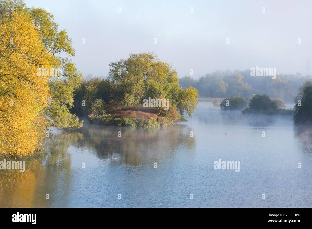 Ein nebliger Hooksmarsh See im River Lee Country Park, Essex, Großbritannien Stockfoto