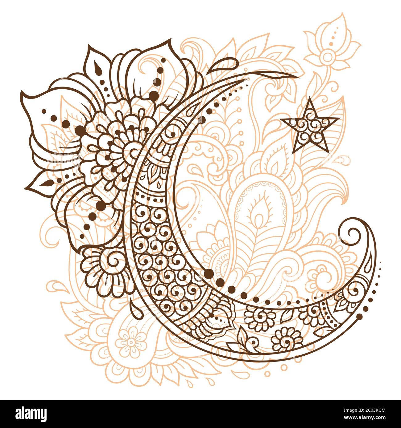Religiöse islamische Symbol des Sterns und des Halbmonds mit Blume im mehndi-Stil. Dekorative Zeichen für die Herstellung und Tätowierungen. Östliche muslimische Signifikanten. Stock Vektor