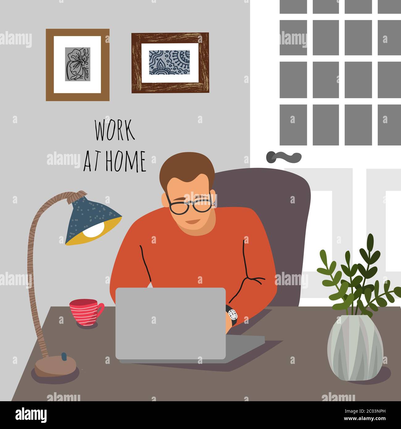 Arbeiten Sie zu Hause. Junger Mann am Schreibtisch mit Laptop im Inneren der Wohnung.Konzept für Selbstisolierung während der Quarantäne Stock Vektor