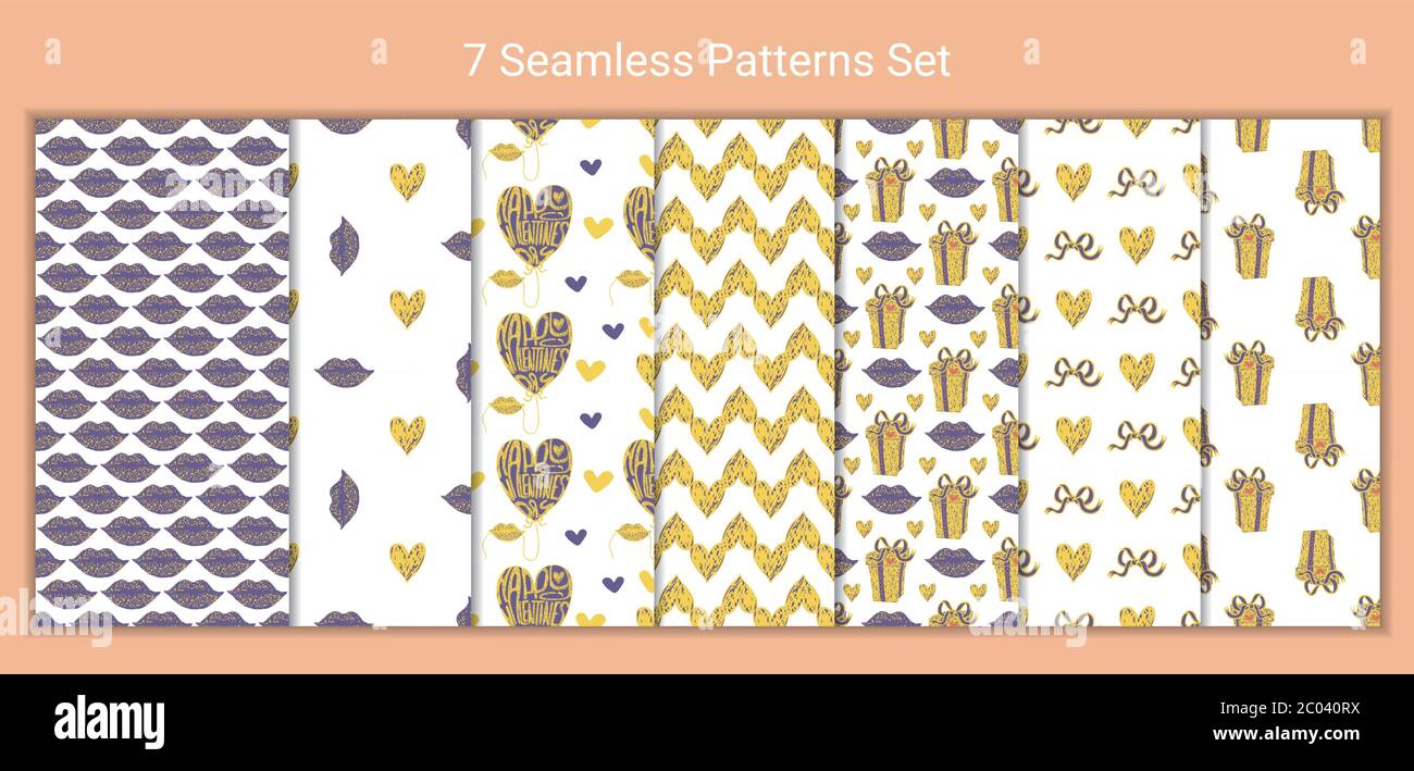 Set von 7 bunten nahtlosen Muster mit Hand gezeichneten Geschenkboxen, Herzen, Lippen. Stock-Vektor Stock Vektor