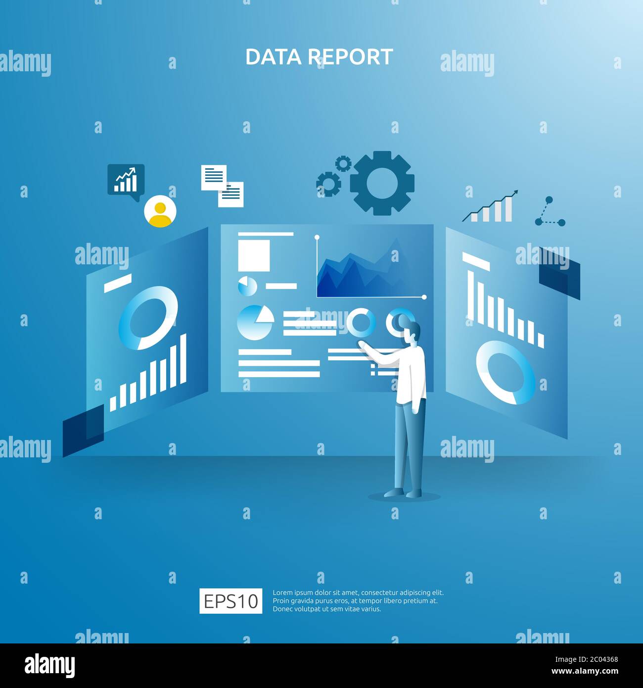 Digitale Graph-Daten für SEO-Analyse und strategische mit Charakter. Statistiken Informationen, Finanzaudit Bericht Dokument, Marketing-Forschung für Bus Stock Vektor