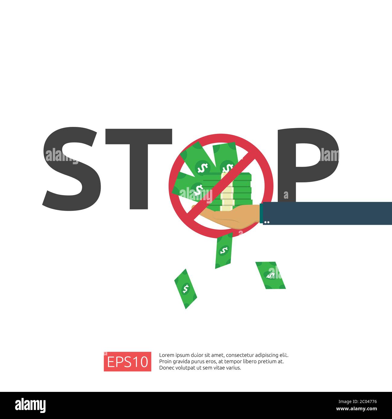 Anti Corruption, Stop and Corrupt Decline Konzept. Business Bestechung mit Geld in einem Umschlag und Verbot Warnschild. vektor-Abbildung in flach Stock Vektor