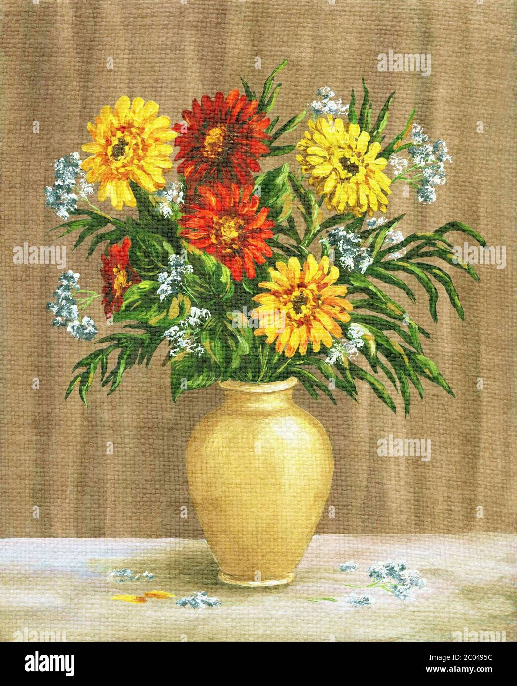 Gemälde Blumen Ringelblume in einem Topf Stockfoto