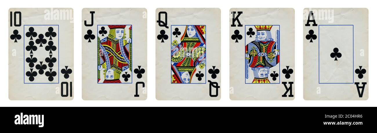 Vereine Anzug Vintage Karten spielen, gehören die Ass, König, Dame, Bube und Zehn - auf weißen isoliert. Stockfoto