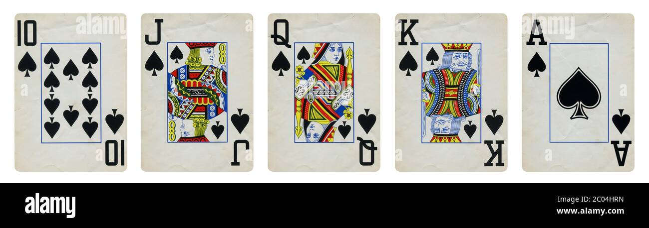 Spaten Anzug Vintage Karten spielen, gehören die Ass, König, Dame, Bube und Zehn - auf weißen isoliert. Stockfoto