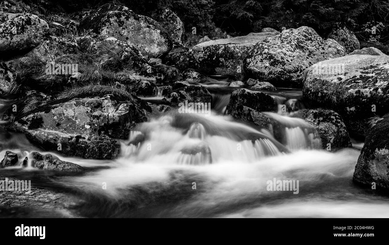 Berg felsigen Fluss fließen. Aufnahme mit langer Belichtung. Schwarzweiß-Bild. Stockfoto