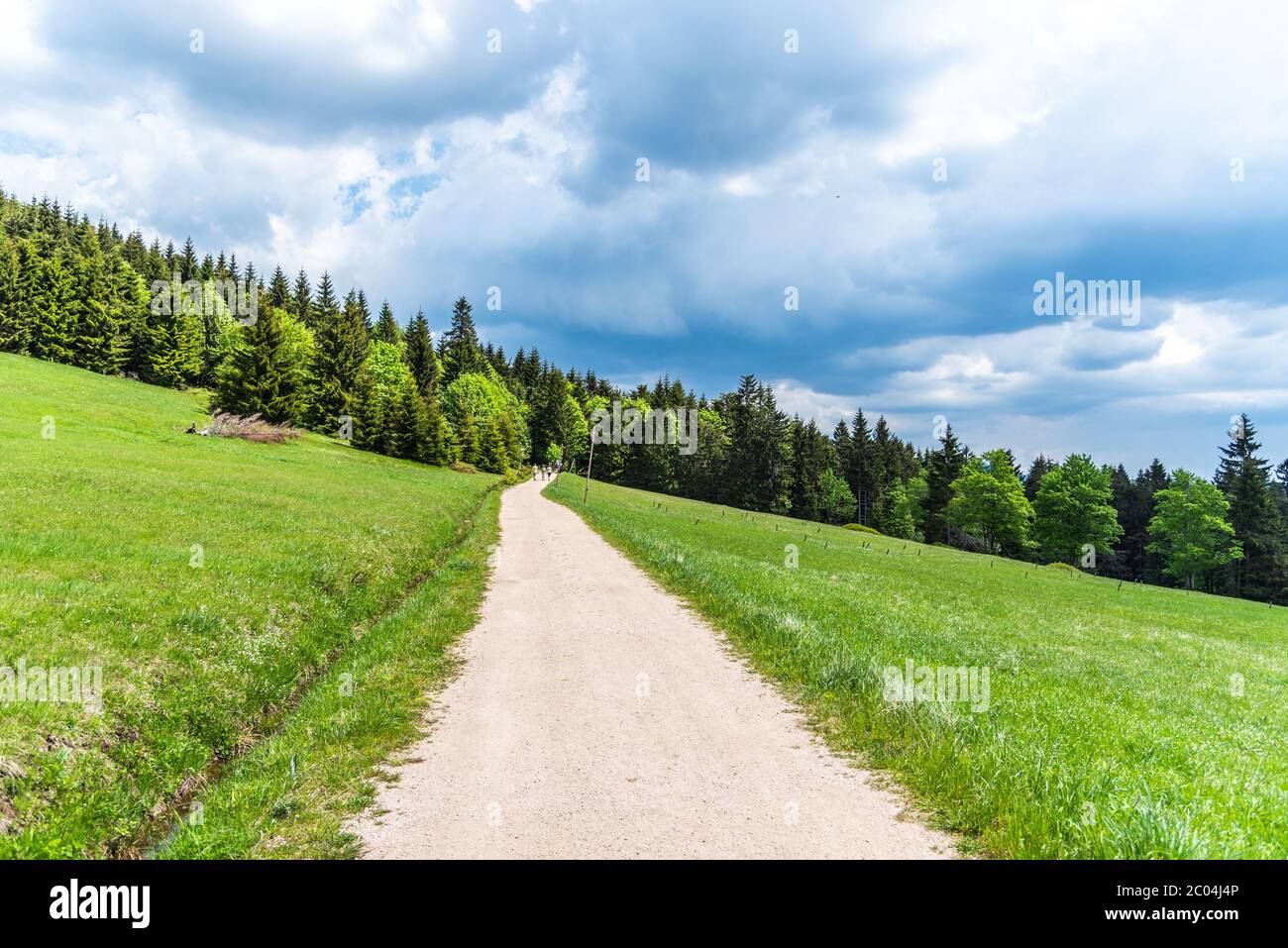 Sonniger Sommertag und staubige Landstraße, grüne Wiesen und blauer Himmel mit weißen Wolken, Isergebirge, Tschechische Republik. Stockfoto