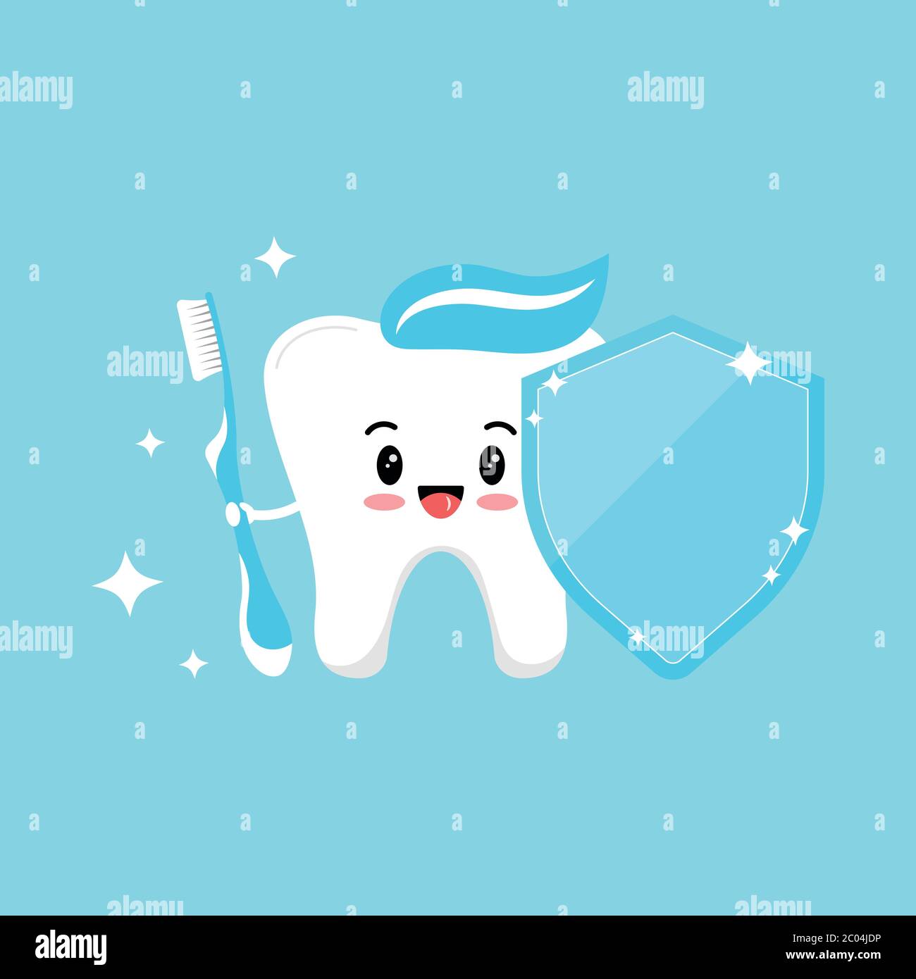 Niedliche Zahn Emoji mit blauer Zahnbürste und Zahnschild mit Paste auf dem Kopf und funkelt. Stock Vektor