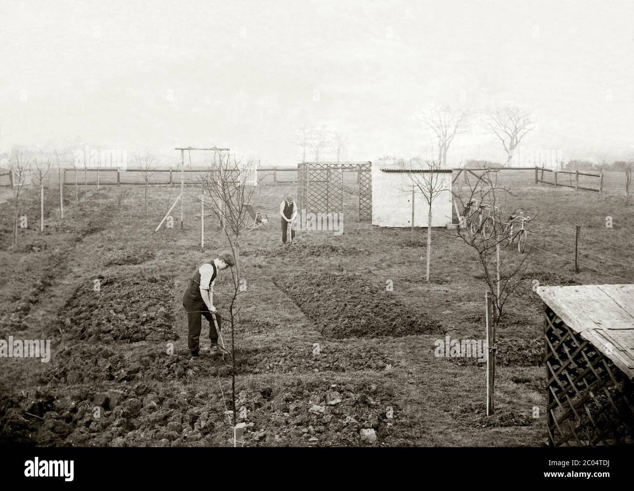 Zwei Männer graben mit Spaten und Gabeln, um den Boden für die Bepflanzung auf einem kleinen Betrieb oder Marktgarten in den Lincolnshire Wolds, England, Großbritannien vorzubereiten 1900. Die beiden gleichen Männer können in einem anderen Foto von ihrer Arbeit ruhen gesehen werden (Alamy Ref: 2C1175G). Stockfoto