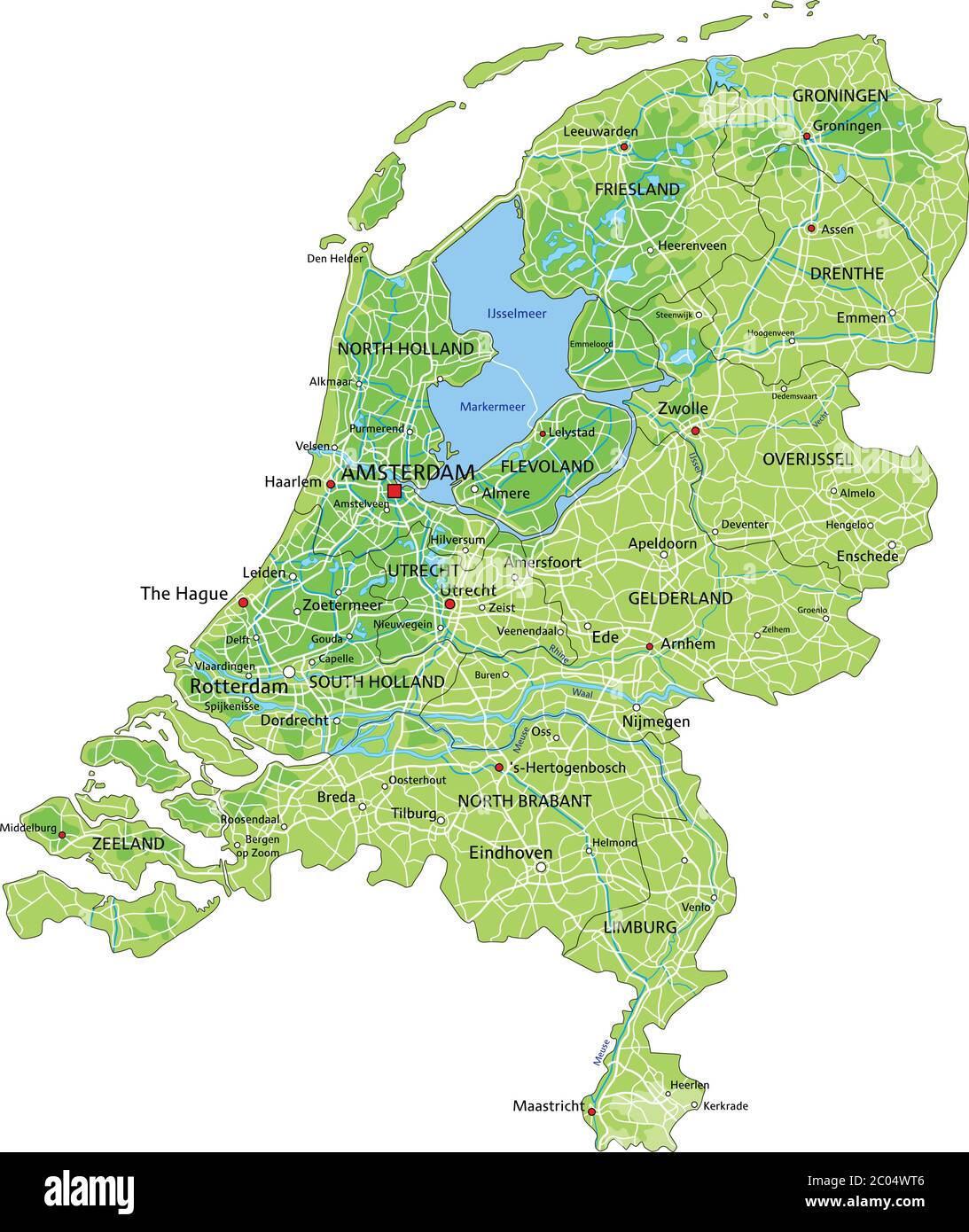 Detaillierte Niederlande physische Karte mit Beschriftung. Stock Vektor