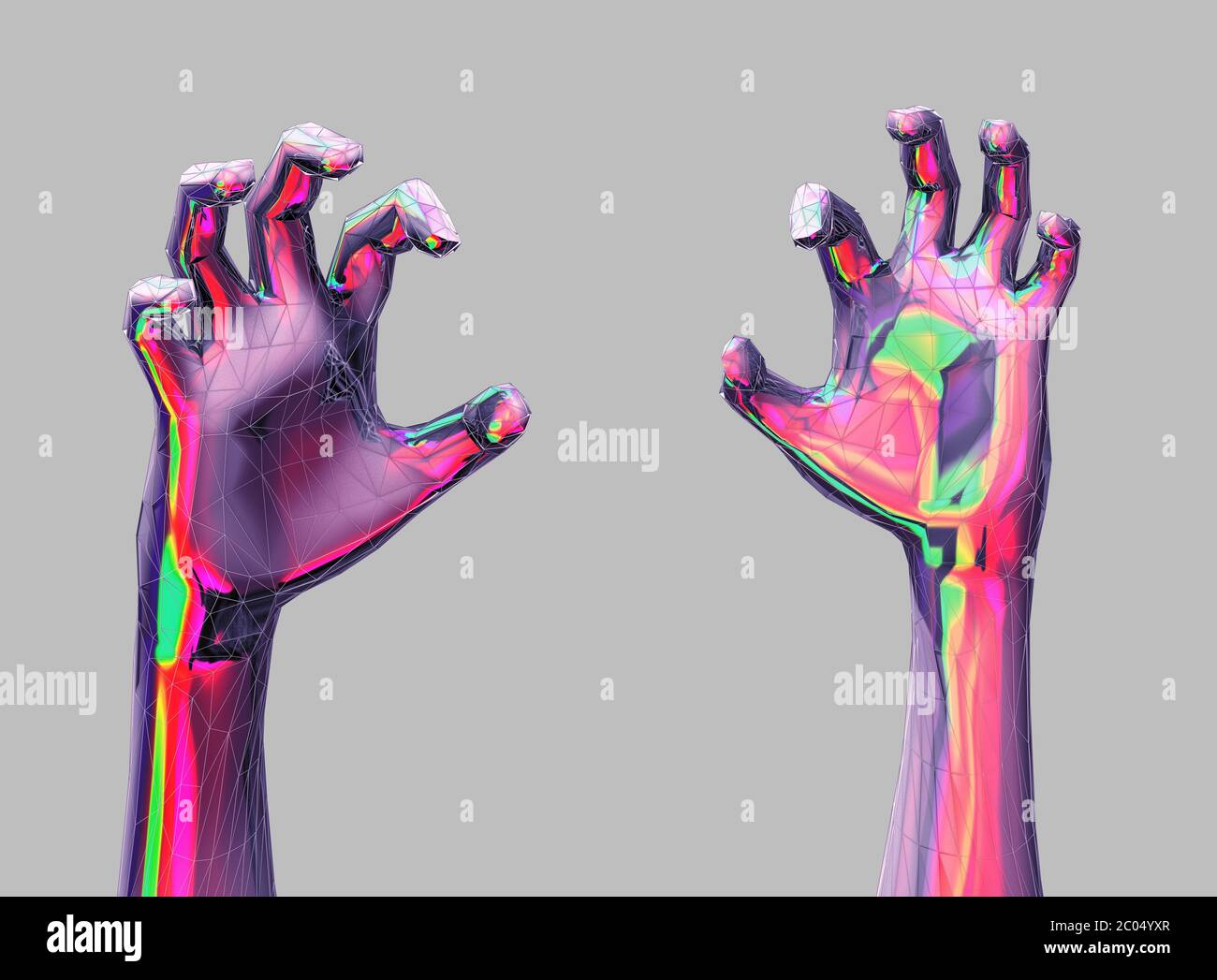 Bunte Krämpfe Hände in futuristischen Low-Poly-Stil - 3d-Illustration Stockfoto