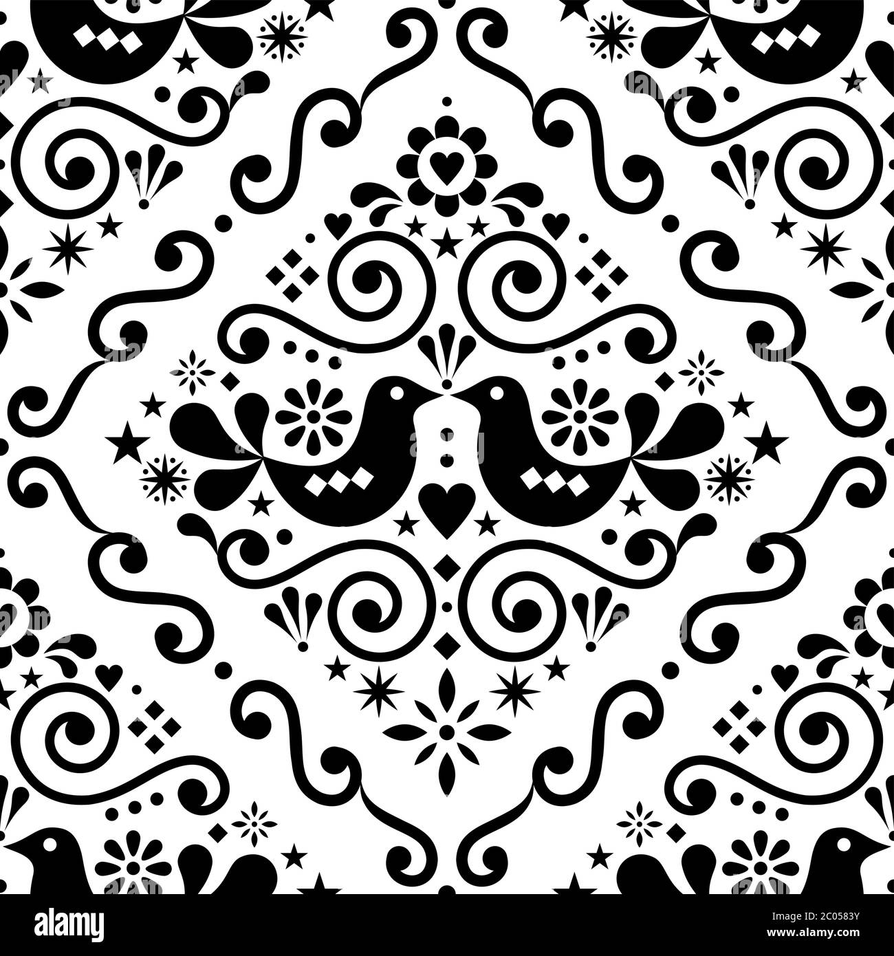 Skandinavisches florales nahtloses Vektor-Muster, monochromes, repetitives Folk Art Textil nordisches Design mit Vögeln und Blumen Stock Vektor