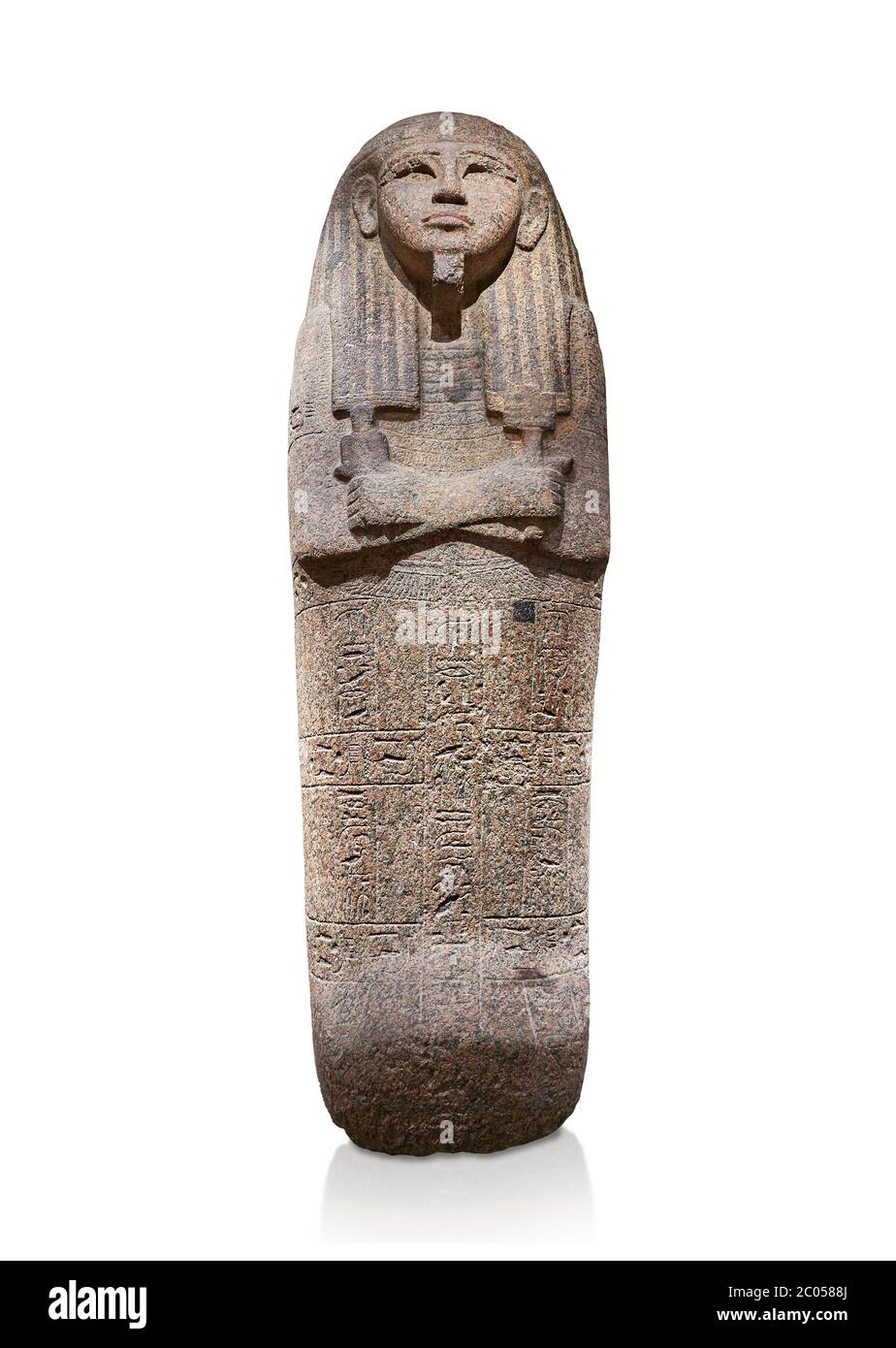Altägyptischer Sarkophagdeckel von Djehutymes, rosa Granit, 19. Dynastie (1279-1213 v. Chr.) Thebes, Khokha, TT32. Ägyptisches Museum, Turin. Weißer Rücken Stockfoto