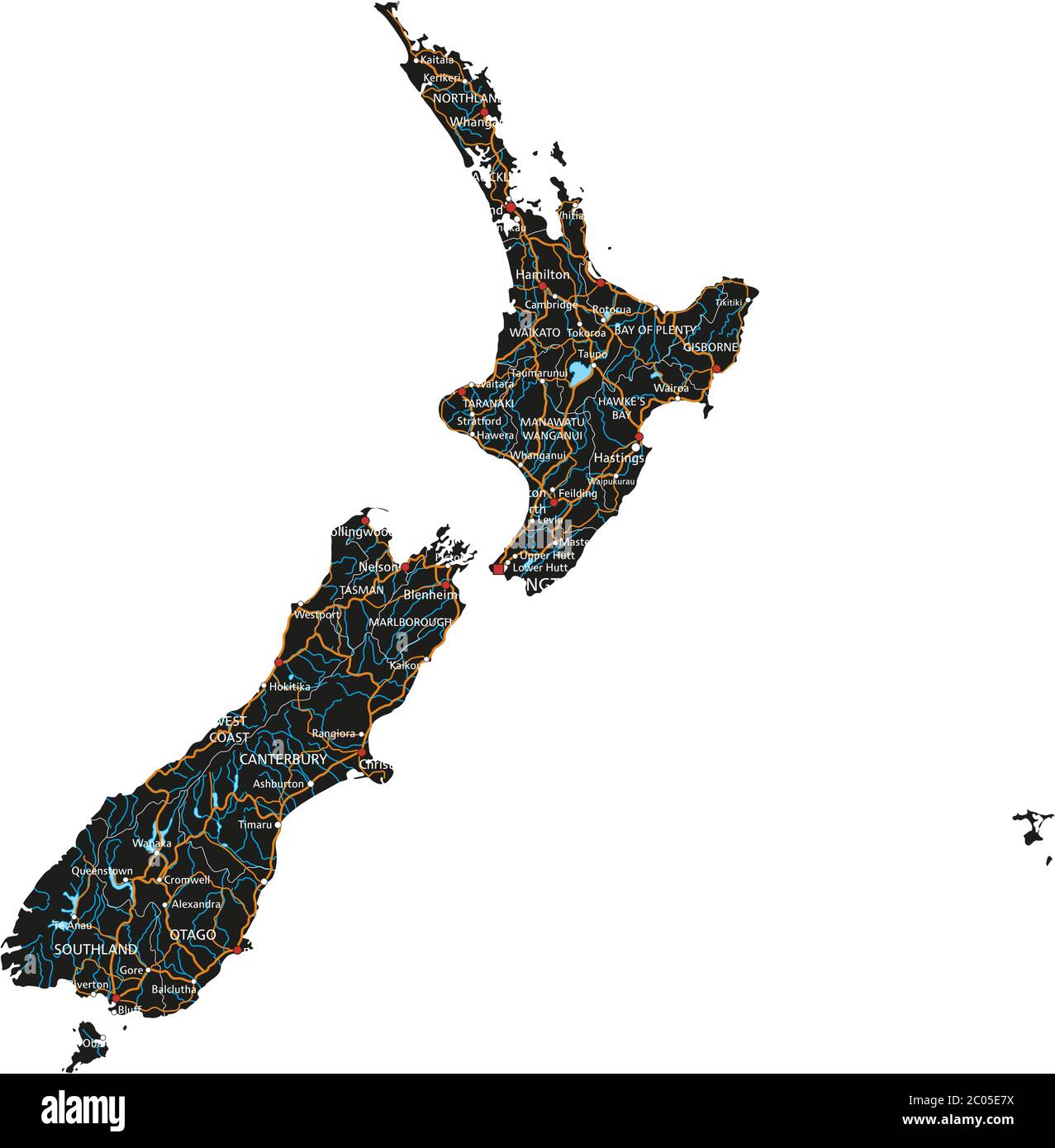 Hoch detaillierte neuseeländische Straßenkarte mit Beschriftung. Stock Vektor