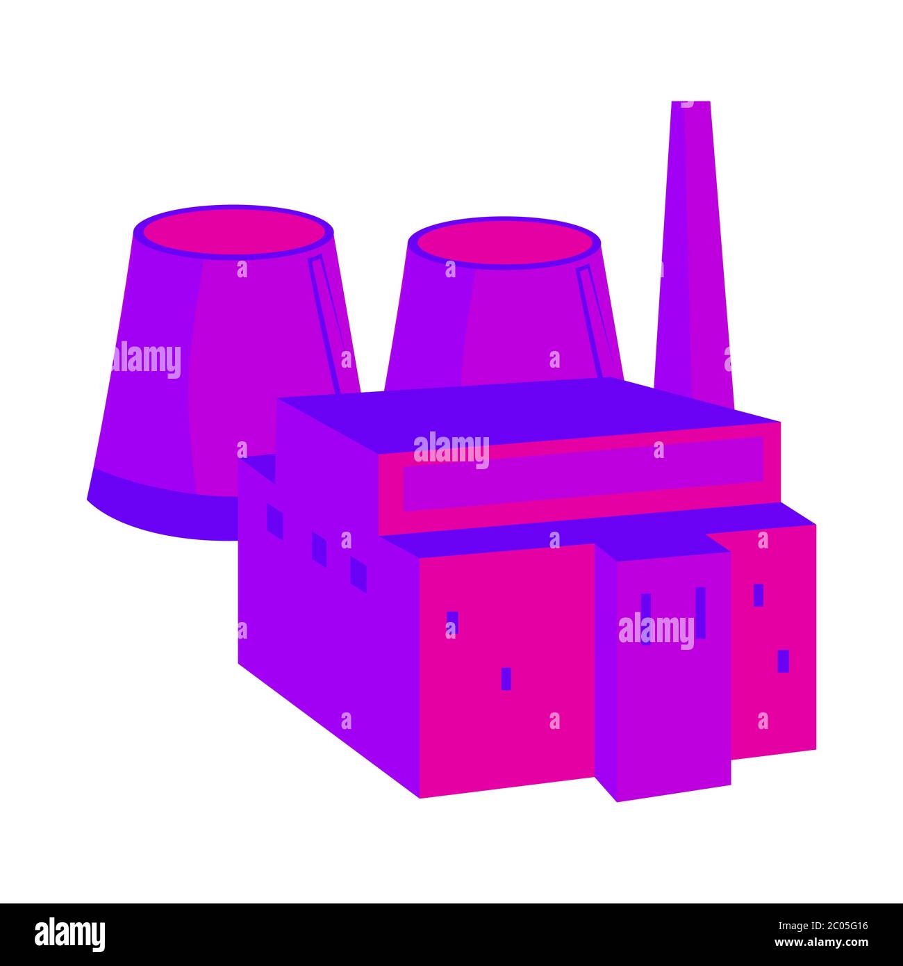 Kernkraftwerk. Bunte Illustration im flachen Stil. System mit Kernreaktor und Kühlturm auf weißem Hintergrund Stock Vektor