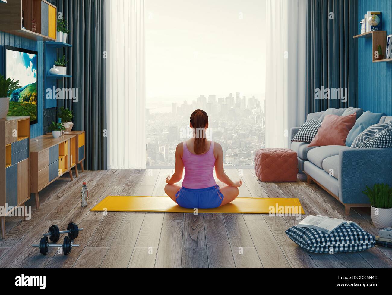 Junge Frau zu Hause trainieren, Stretching Beine. 3d-Rendering Stockfoto