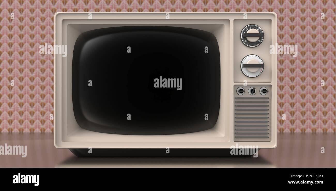 Der Fernseher war altmodisch. Retro alten Fernseher, leere schwarze Bildschirm Vorlage, Vintage Tapete Wand Hintergrund. 3d-Darstellung Stockfoto