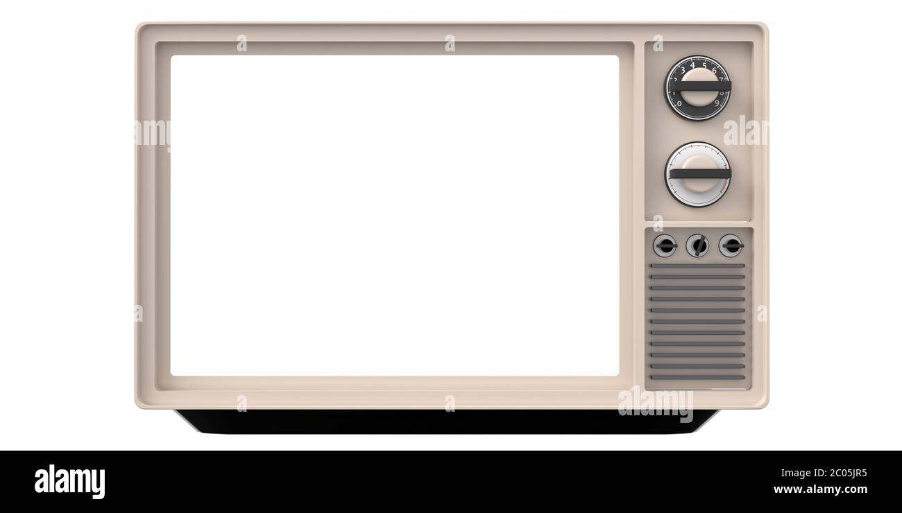 Fernseher altmodisch, leere Bildschirmvorlage. Retro Vintage Fernseher, isolierter Ausschnitt vor weißem Hintergrund. Anzeige des Werbemodalaufmotes. 3d i Stockfoto