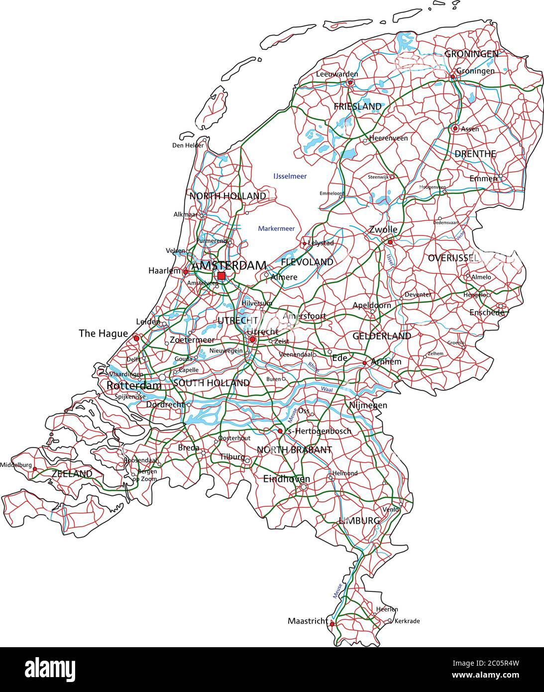 Detaillierte Niederlande Road Map mit Beschriftung. Stock Vektor