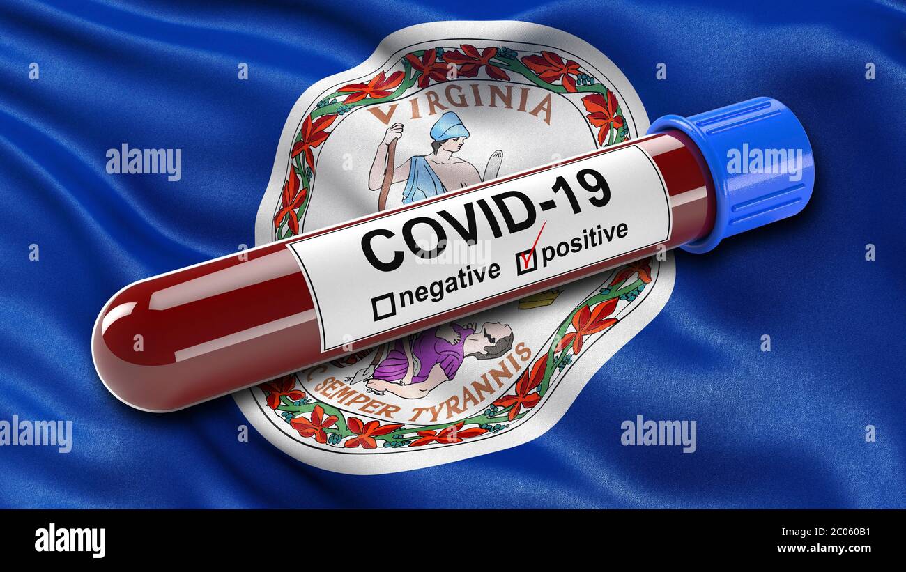 Die Flagge des US-Bundesstaates Virginia winkt im Wind mit einem positiven Covid-19 Bluttestrohr, 3D-Illustrationskonzept für Bluttests zu Stockfoto