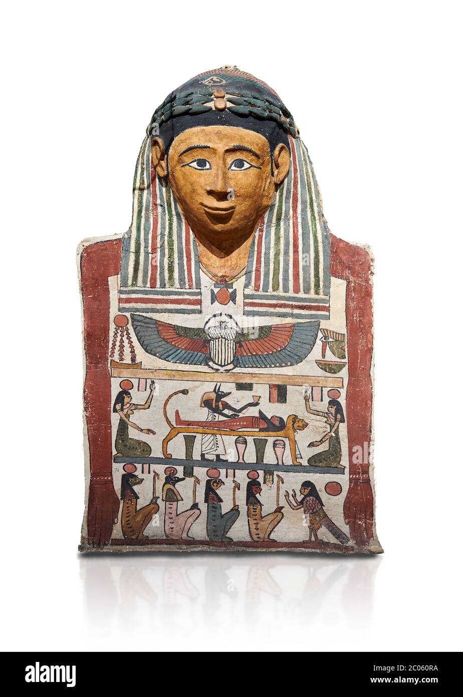 Alte ägyptische Blutbad Mumienmaske mit Mumification Szene, ptolemäische Periode, (332-30BC), Ägyptisches Museum, Turin. CAT 2250. Weißer Hintergrund Stockfoto