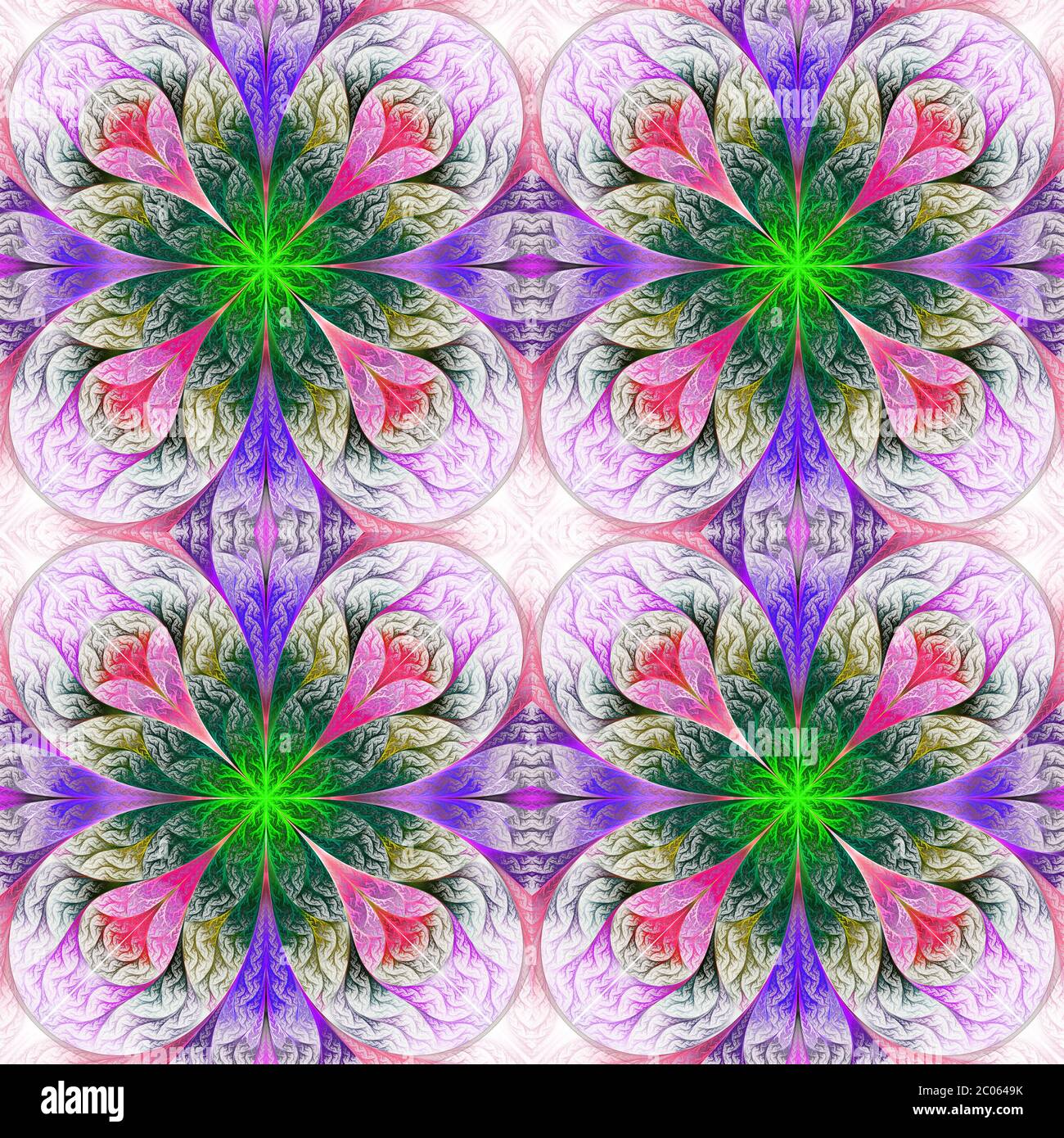 Muster aus vier Fraktalen in rosa, blau und grün. Computergenerierte Grafiken. Stockfoto