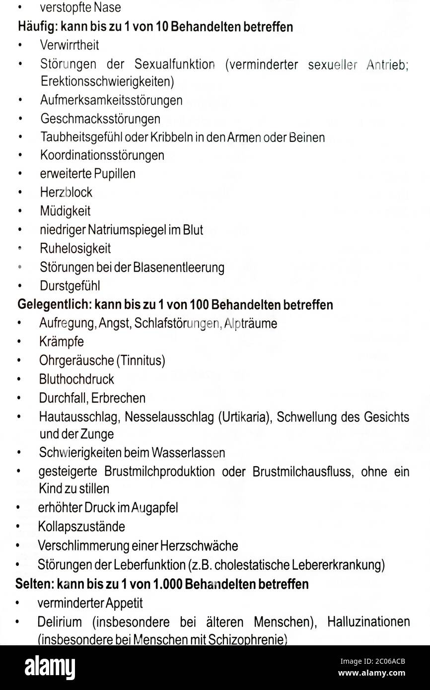 Häufige Nebenwirkungen auf dem deutschen Patienteninformationsblatt: packungsbeilage nebenwirkungen. Stockfoto