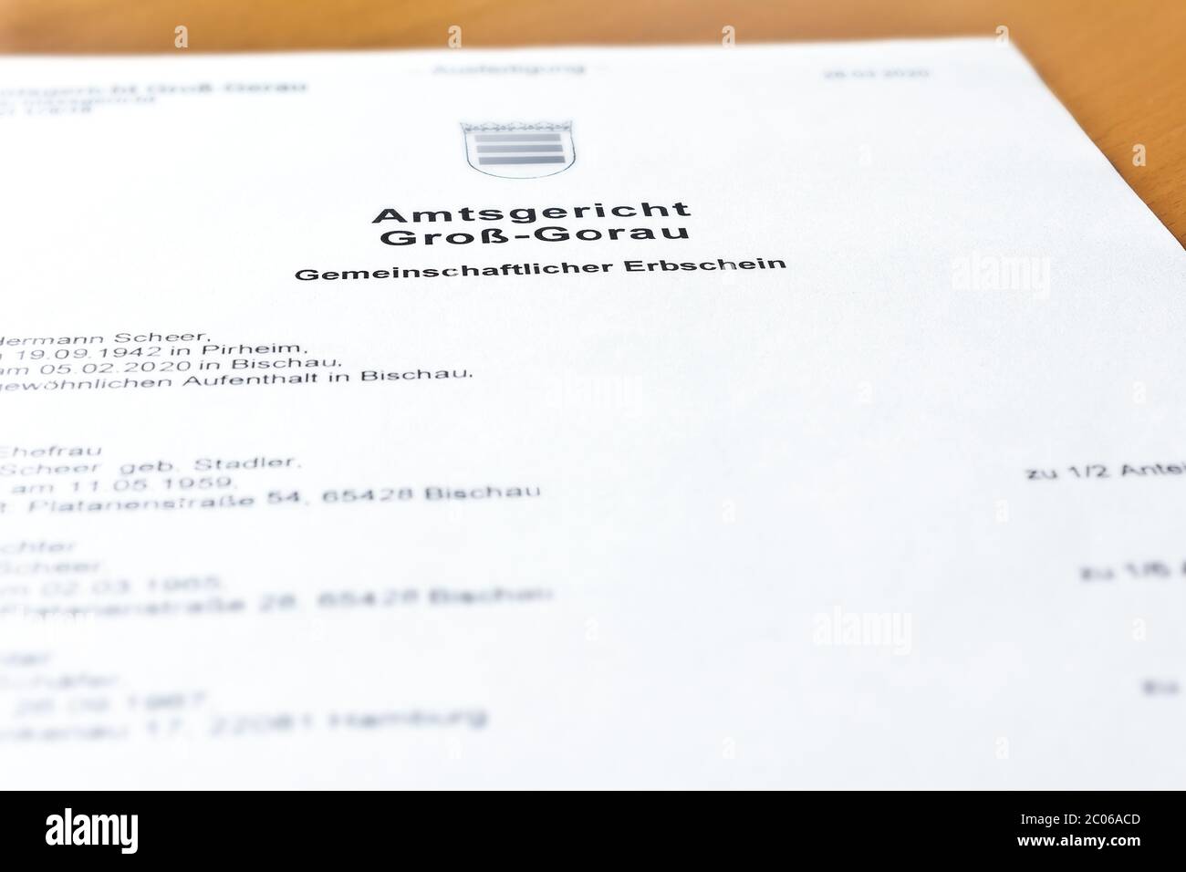 Deutsche Mitvererbungsurkunde vom Bewährungsgericht: Gemeinsamer Erbschein. Stockfoto
