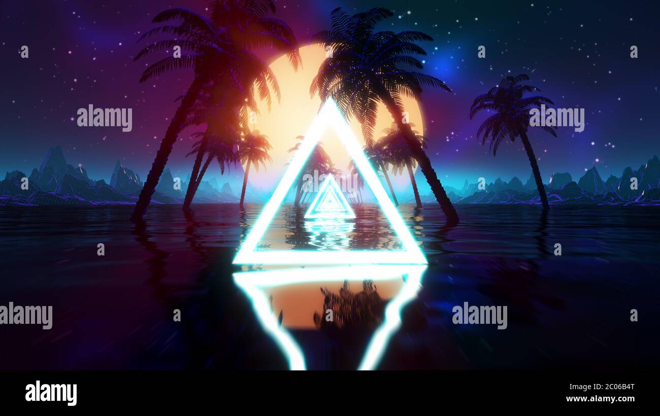 Futuristische Synthwave-Landschaft im Retro-Stil. Vintage Sci-Fi VJ 80er Jahre stilisierte Animation Stockfoto