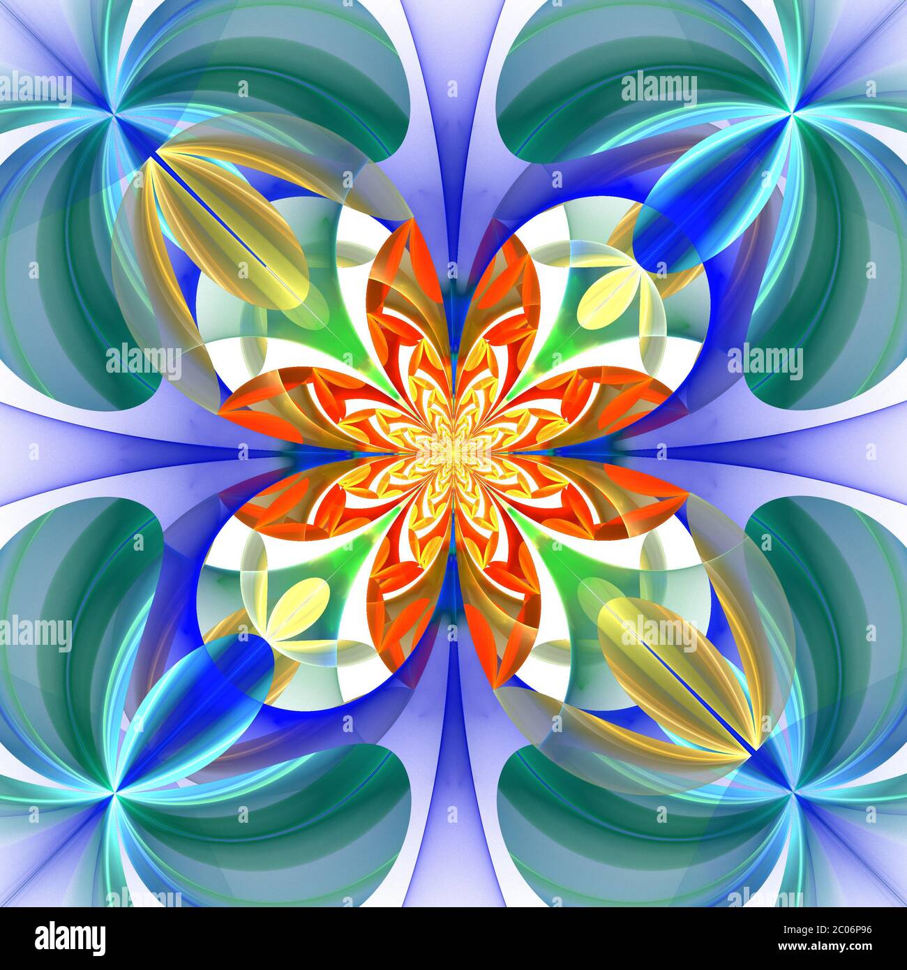 Symmetrisches Muster der Blütenblätter. Blaue und orange Farbpalette. Computergenerierte Grafiken. Stockfoto