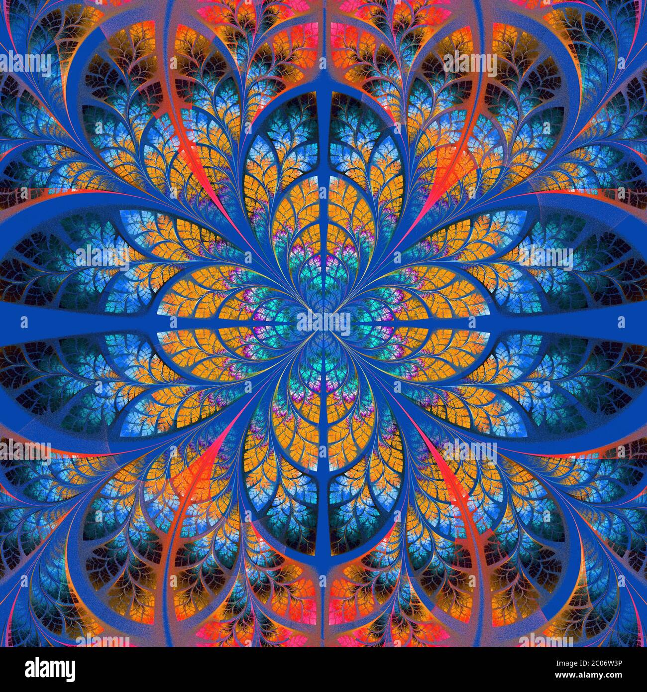 Symmetrisches fraktales Muster. Sammlung - Laub. Blaue und rote Farbpalette. Stockfoto