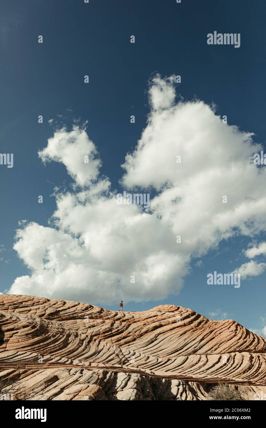 Blauer, wolkiger Himmel und ein Wanderer auf den versteinerten Sanddünen von utah Stockfoto