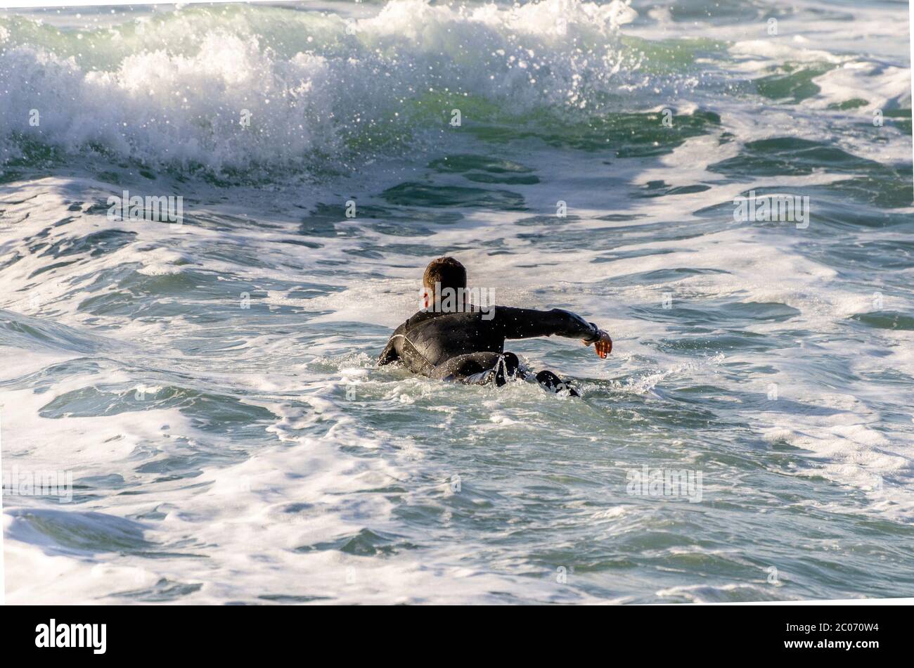 Surfer schwimmen in den Wellen Stockfoto