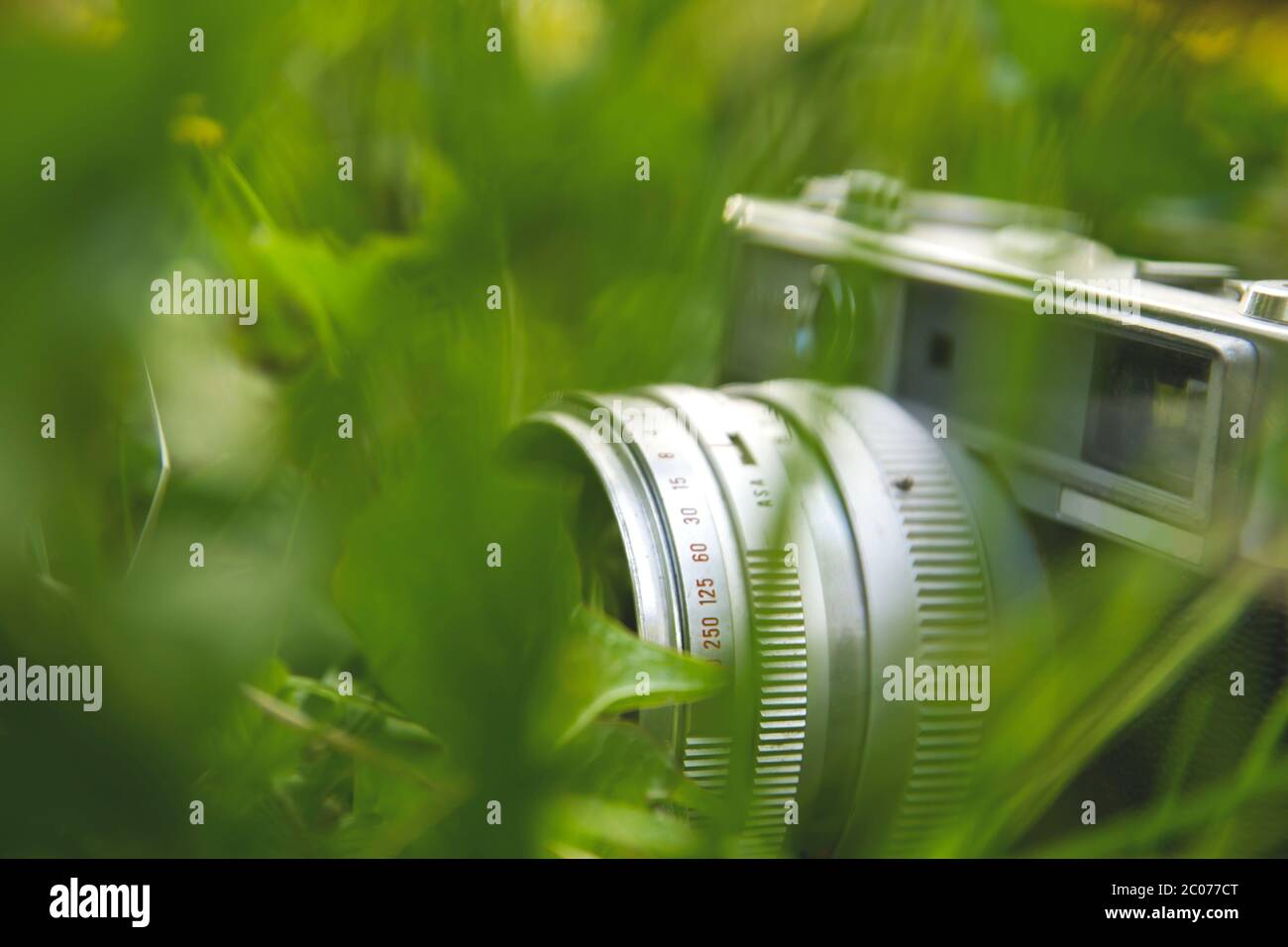 Alte Vintage-Fotokamera auf dem grünen Gras Stockfoto