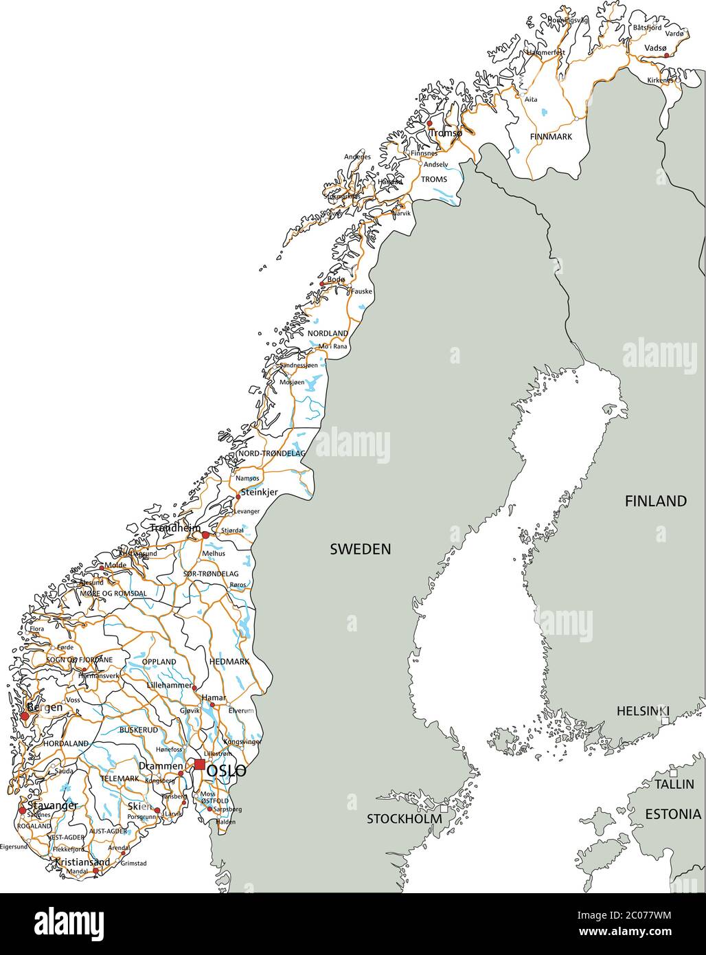 Detaillierte Norwegen-Straßenkarte mit Beschriftung. Stock Vektor