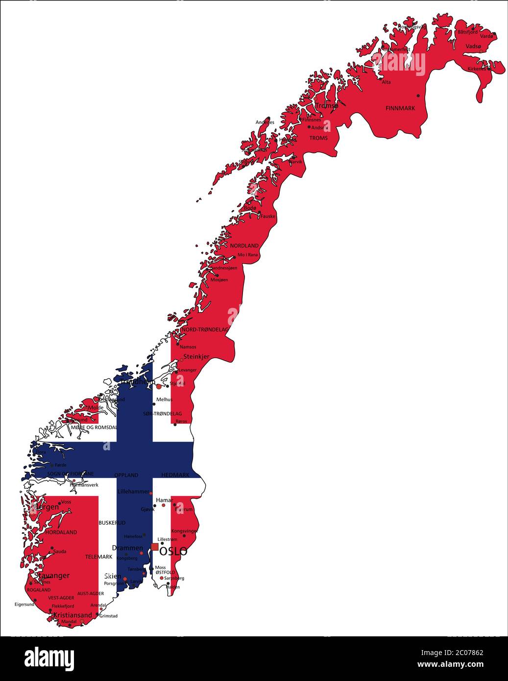 Norwegen sehr detaillierte politische Karte mit Nationalflagge isoliert ...