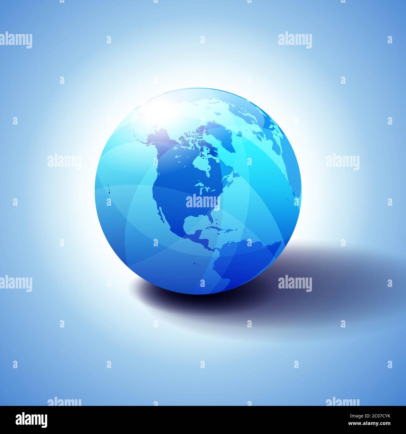 Amerikanischer Hintergrund mit Globe Icon 3D-Illustration, glänzende, glänzende Kugel mit Global Map in subtilen Blues, die ein transparentes Gefühl gibt. Stock Vektor