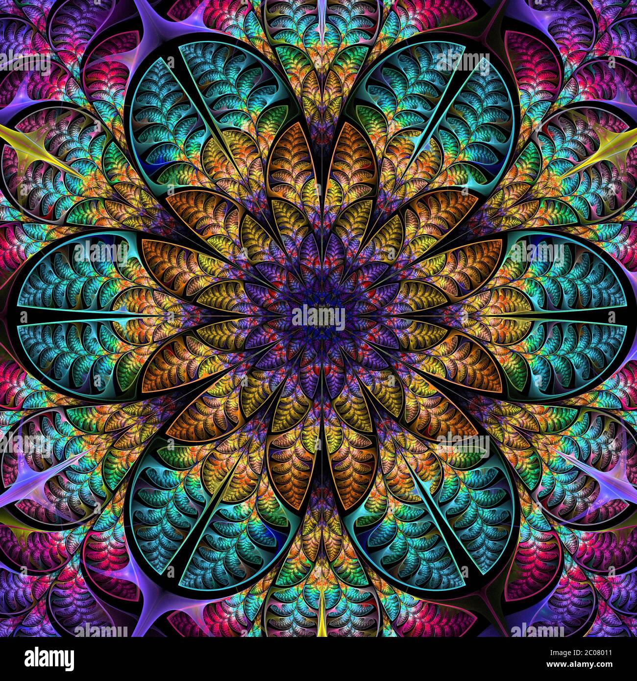 Mehrfarbiges symmetrisches Muster der Blätter. Sammlung - Laub. Auf schwarzem Hintergrund. Stockfoto