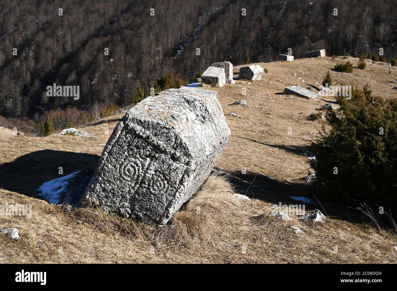 Mittelalterliche Grabsteine mit schönem blauen Himmel in Nekropole bei Sarajevo in Bosnien und Herzegowina auf Berg Bjelasnica Stockfoto